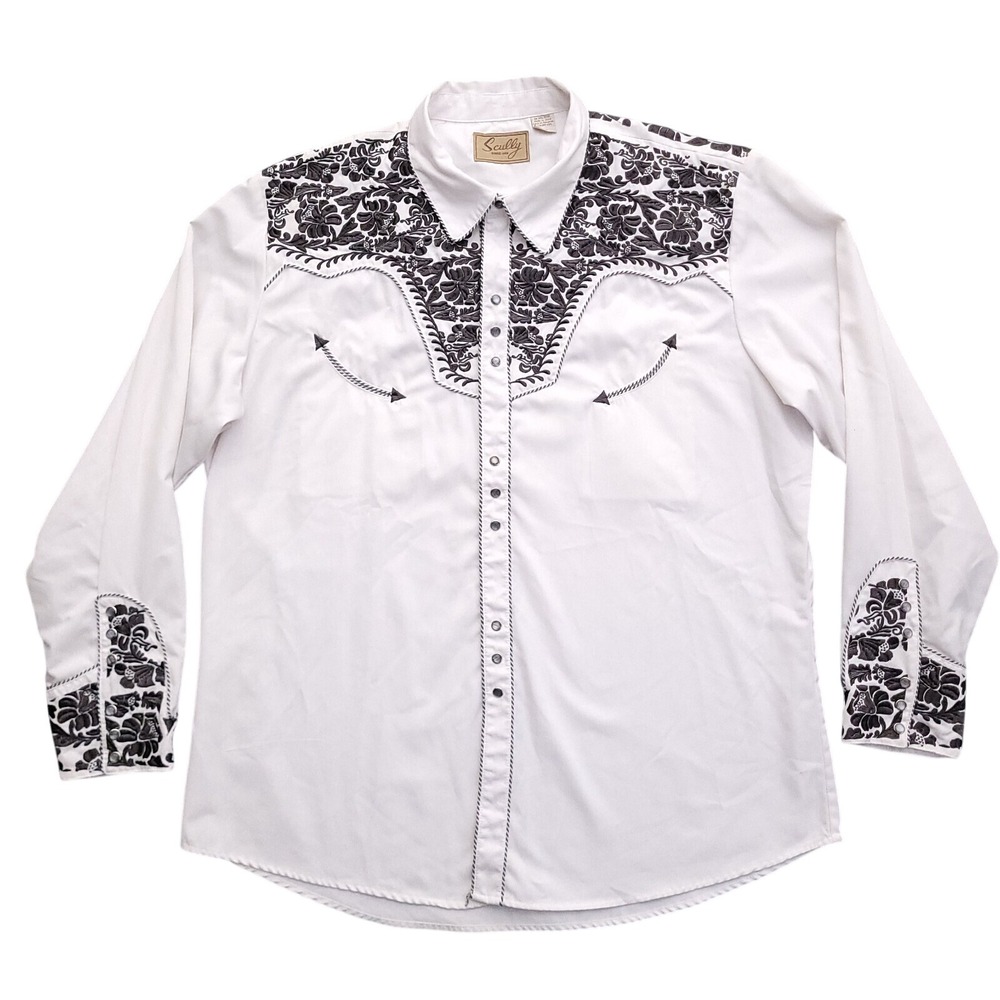 Scully Shirt Mens 2XL White Western Pearl Snap Floral Embroidery Gunfighter